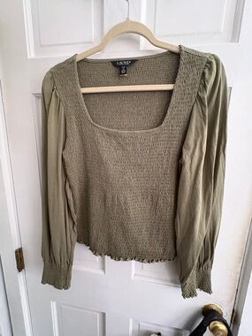 Lauren Ralph Lauren Olive Green Smocked Long-Sleeve Top